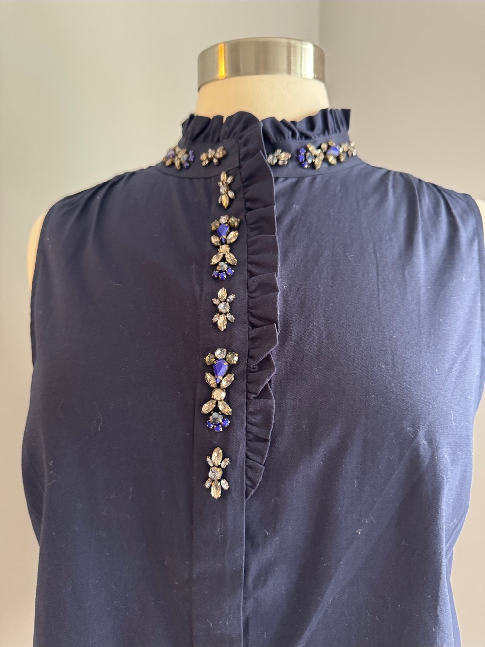 J. Crew NWT Sleeveless Ruffle Neck Rhinestone Trim Blouse, Navy, Size 10